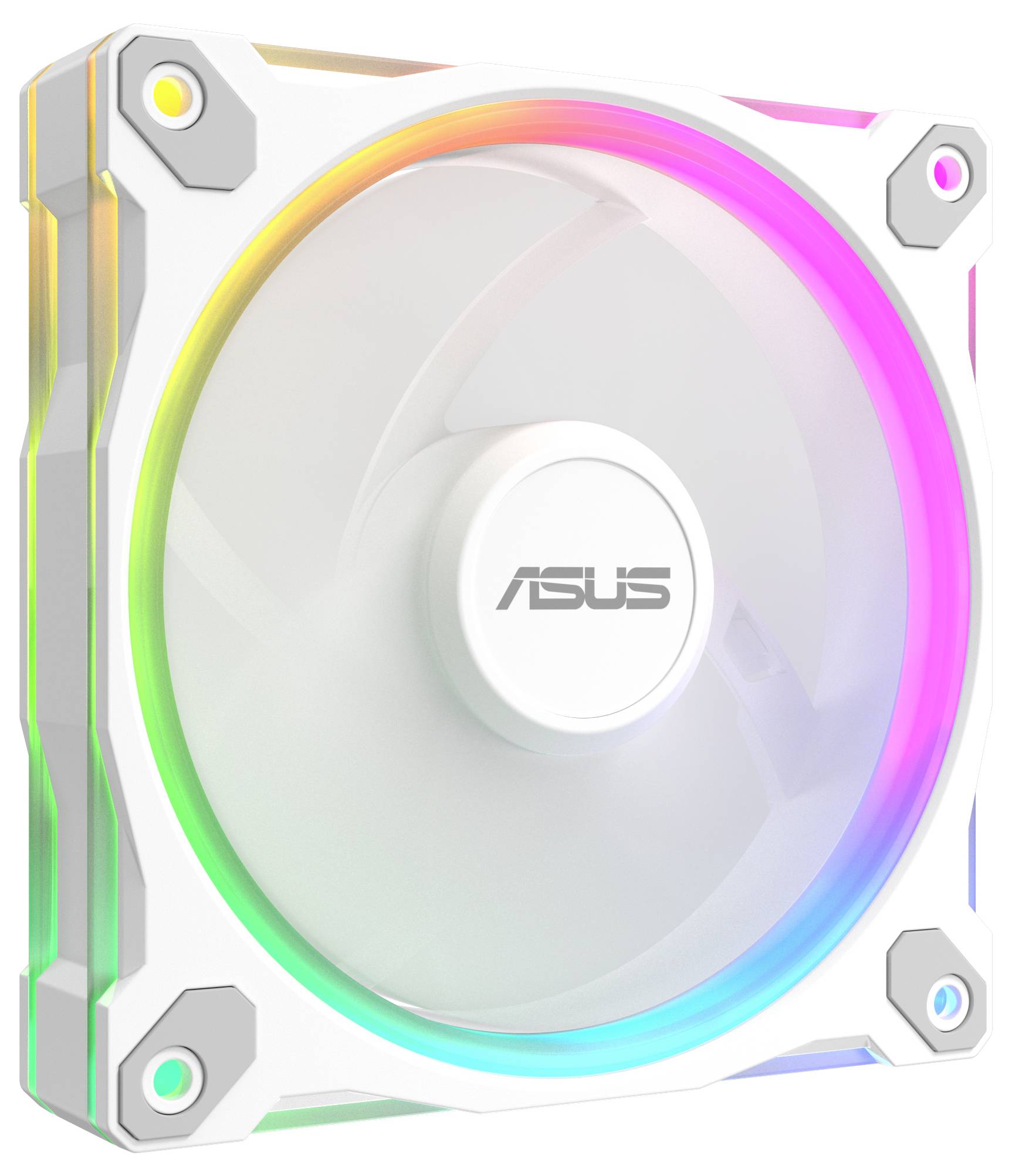 Ein Computer-Kühlventilator mit mehrfarbigen LED-Leuchten, in der Mitte mit der Marke 'ASUS' versehen, ausgestattet mit einem weißen Rahmen und vier Eckbefestigungen.