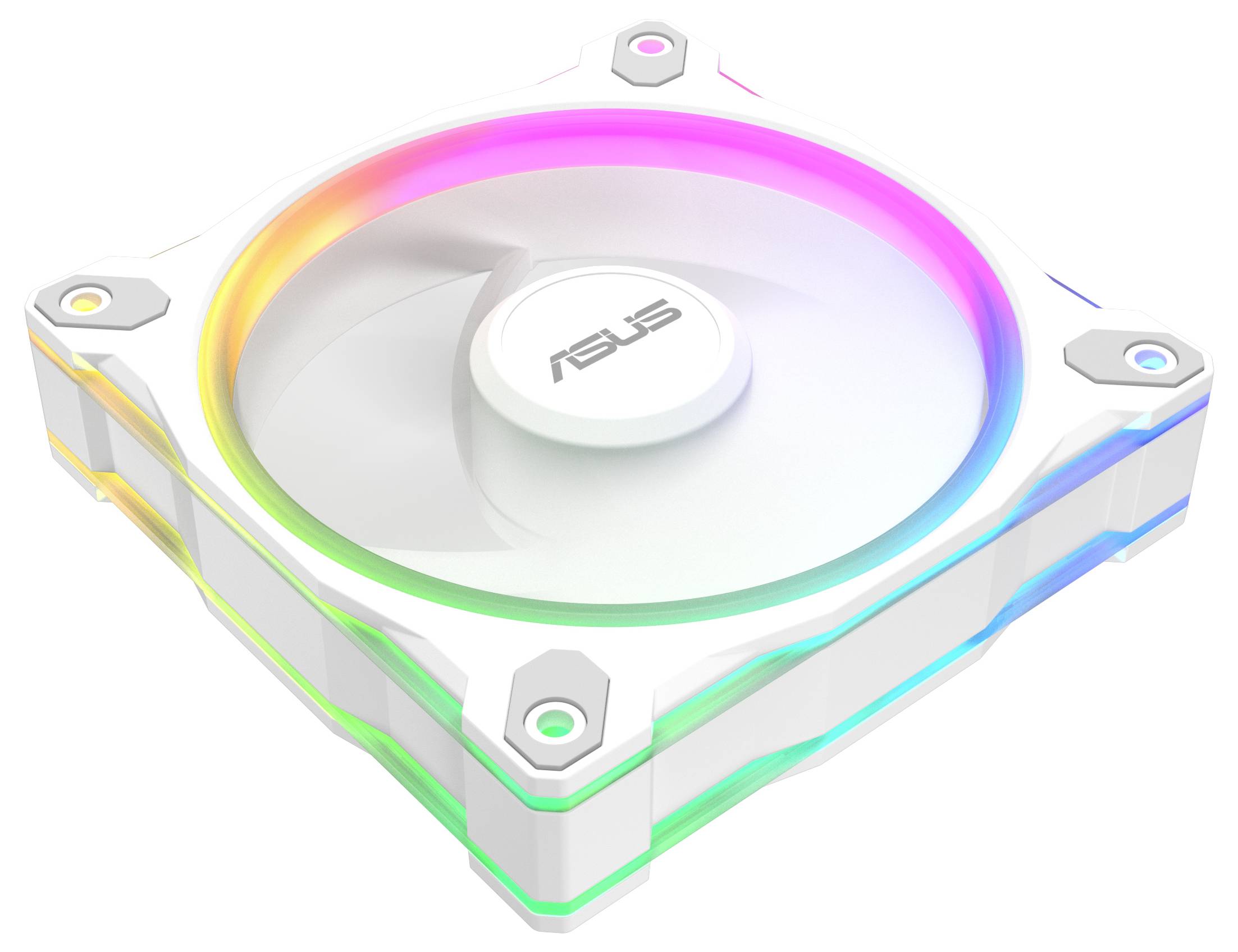 Ein weißer Computer-Kühlventilator mit RGB-Beleuchtung, die in mehreren Farben leuchtet, mit dem 'Asus' Logo auf der zentralen Nabe.