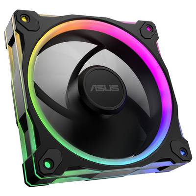 Ein Computerlüfter mit einem zentralen Logo, umgeben von RGB-Beleuchtung. Der Lüfter ist schwarz mit einer transluzenten Blattdesign.