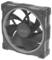 Ein quadratischer schwarzer Computer-Kühlventilator mit einer zentralen Nabe, auf der das 'Asus'-Logo angebracht ist, mit einem Fünf-Blatt-Design und Befestigungslöchern.