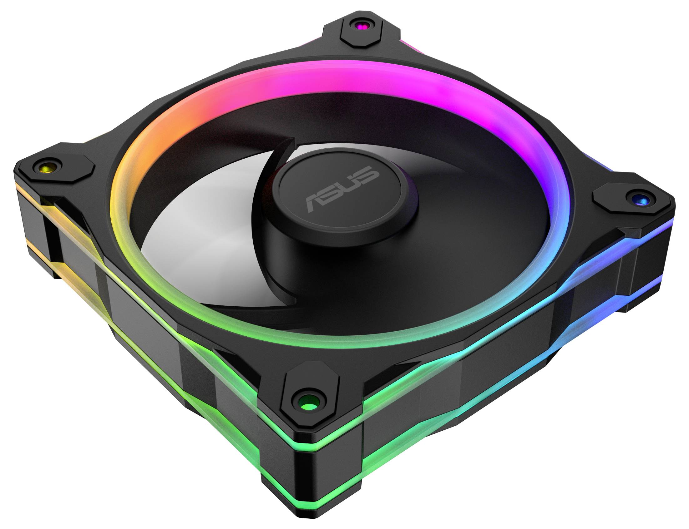 Ein quadratischer Computer-Kühlventilator mit RGB-Beleuchtung in einem schwarzen Gehäuse, der leuchtend bunte Farben um den Rahmen herum zeigt.
