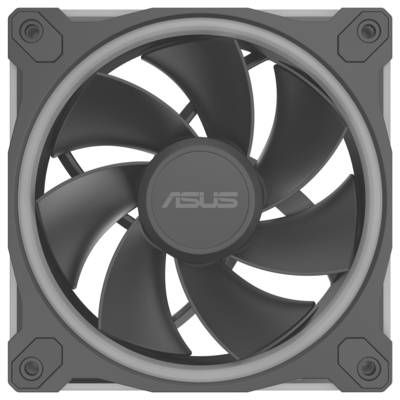 Ein schwarzer Computergehäuselüfter mit acht geschwungenen Klingen, der das Asus-Logo in der Mitte trägt. Der Lüfter ist in einem quadratischen grauen Gehäuse gerahmt.