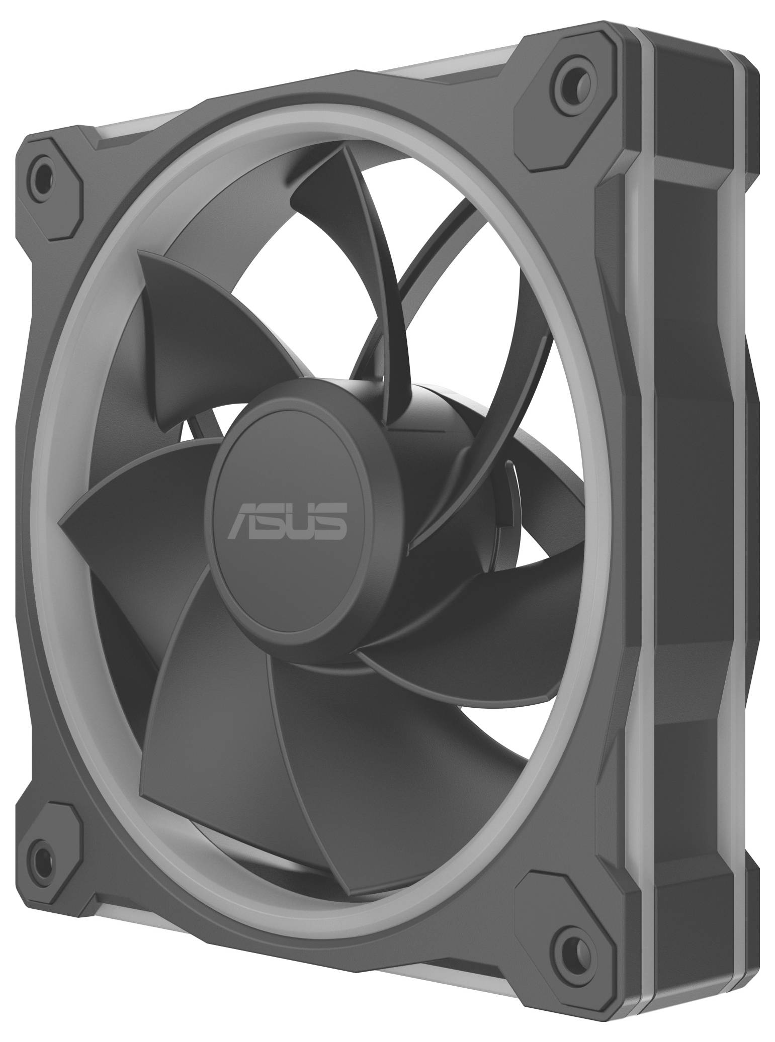 Ein Computer-Kühlventilator mit elegantem, eckigem Design; schwarze Rotorblätter und ein sichtbares "ASUS" Logo in der Mitte, eingesetzt in einen quadratischen Rahmen.