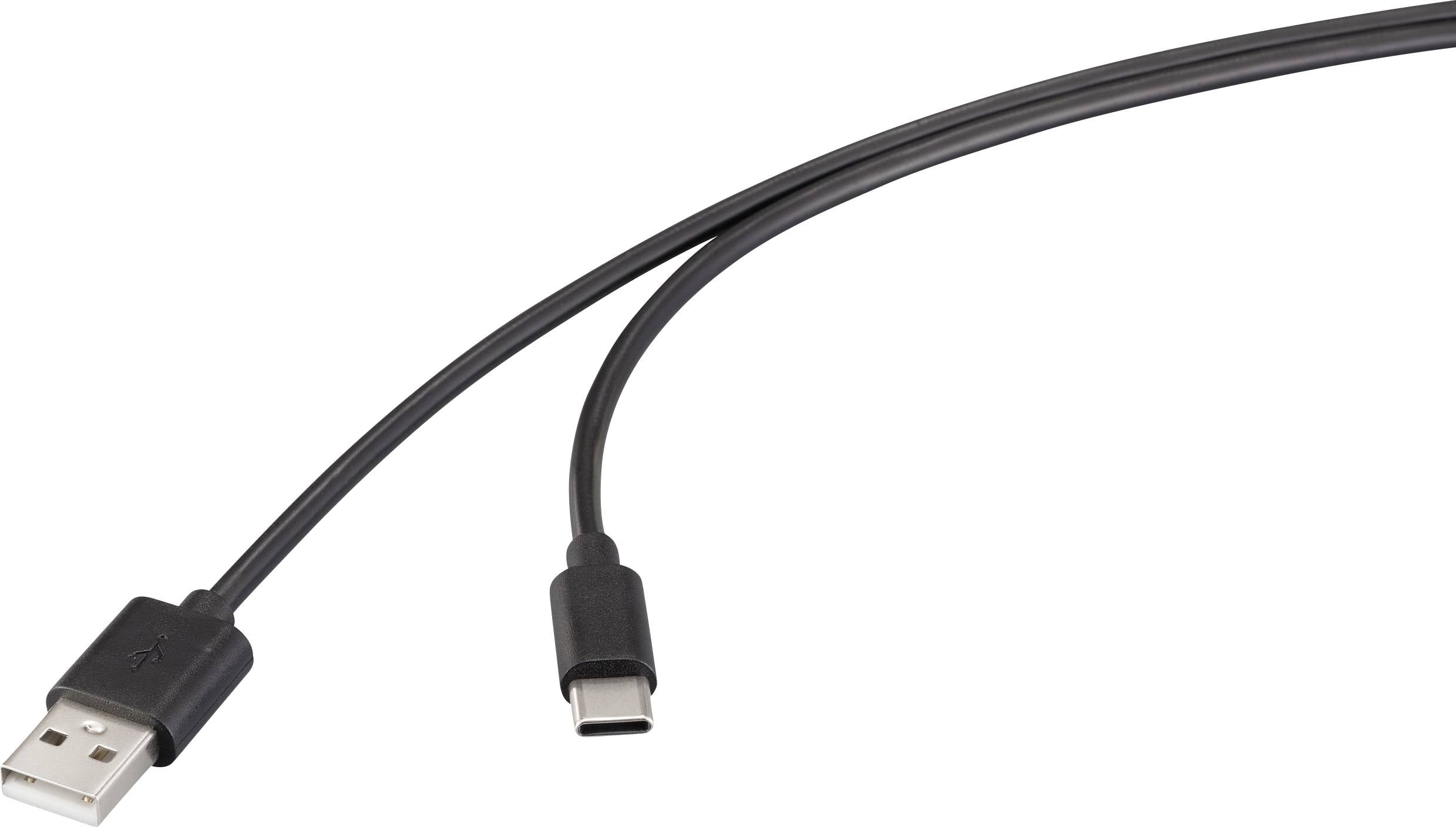 Ein USB-Kabel mit einem USB-A-Stecker auf der einen und einem USB-C-Stecker auf der anderen Seite, das zum Verbinden von Geräten oder zum Laden verwendet wird.