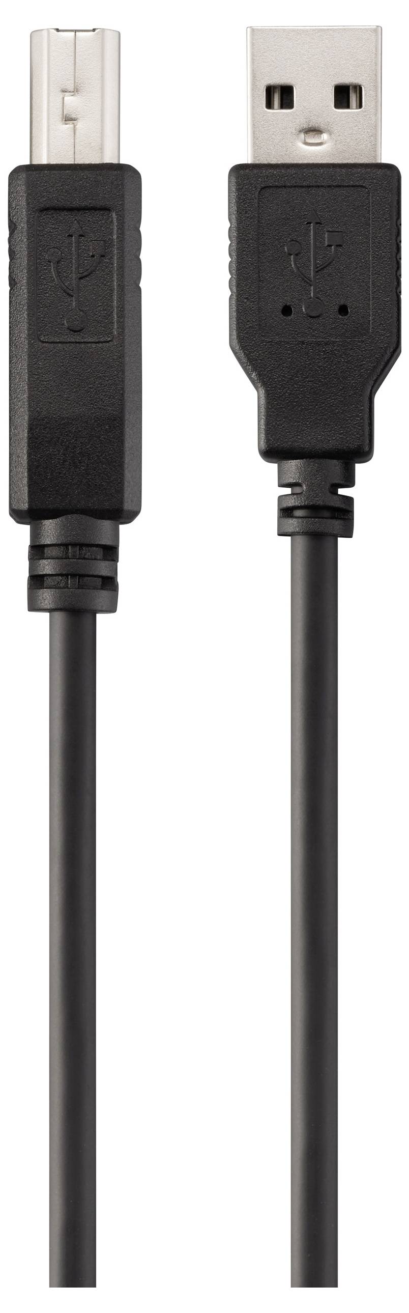 Ein schwarzes USB-Kabel mit einem Type-A-Anschluss auf der einen und einem Type-B-Anschluss auf der anderen Seite, das zum Anschluss von Geräten wie Druckern verwendet wird.