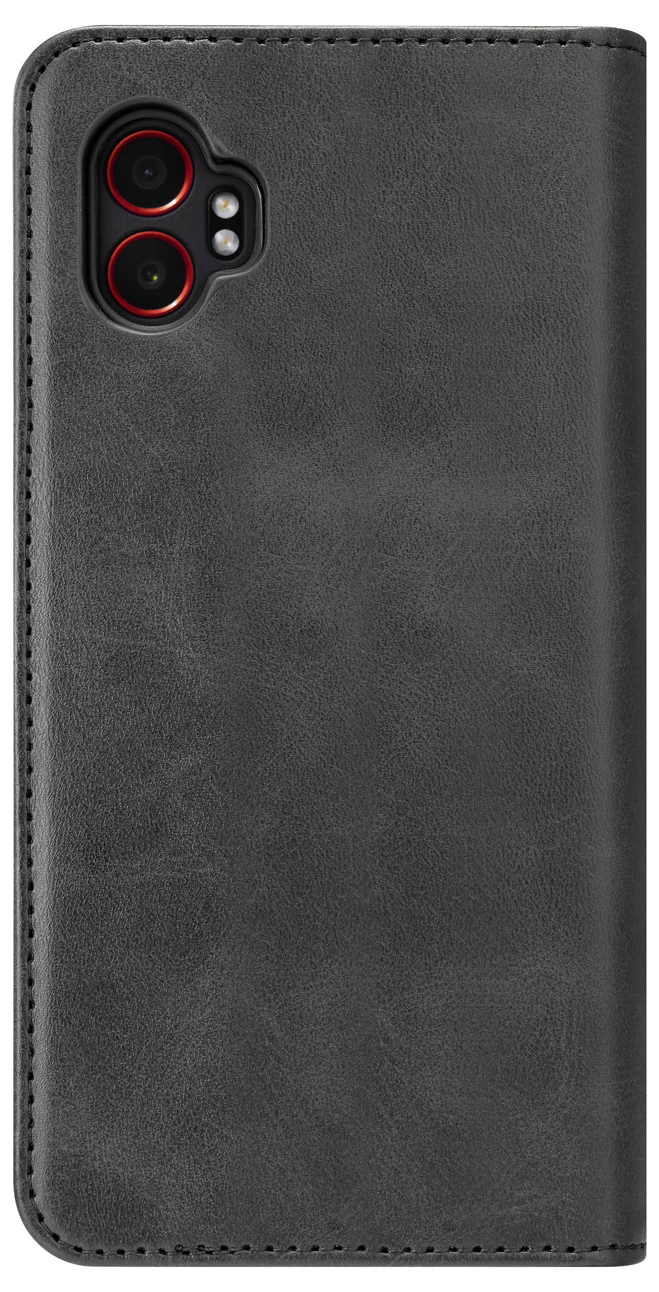 Eine schwarze Lederhülle für das Smartphone mit roten Akzenten um die Kameraausschnitte.