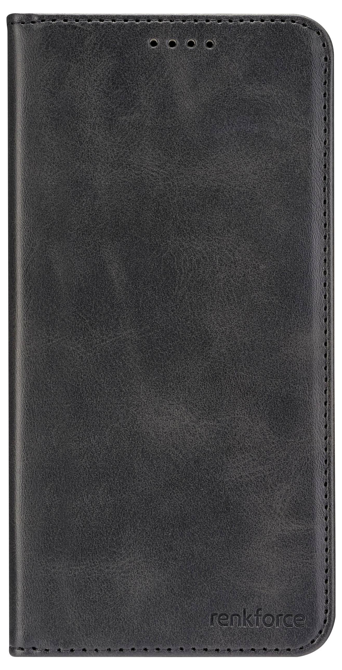 Eine geschlossene schwarze Ledertasche für Mobiltelefone mit glatter Oberfläche und dem in der unteren rechten Ecke geprägten 'renkforce' Logo.