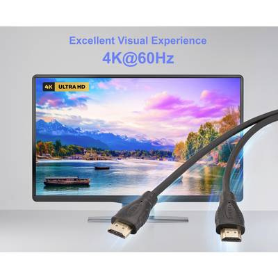 Ein Fernsehgerät, das eine farbenfrohe See- und Berglandschaft zeigt, mit der Beschriftung '4K ULTRA HD', und ein HDMI-Kabel im Vordergrund. Text lautet: 'Hervorragendes Seherlebnis 4K@60Hz'.