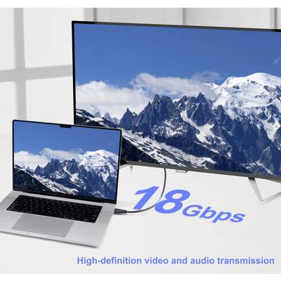 Ein Laptop, der mit einem großen Monitor verbunden ist, zeigt dieselbe Berglandschaft und demonstriert eine Übertragungsgeschwindigkeit von '18 Gbit/s' für hochauflösende Video- und Audioübertragung.