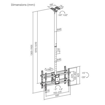 Diagramm der Abmessungen einer verstellbaren Wandhalterung in mm: Stange mit verstellbarer Höhe 1090-1690, Breite 689, Neigungswinkel ±60° horizontal, ±5-20° vertikal.