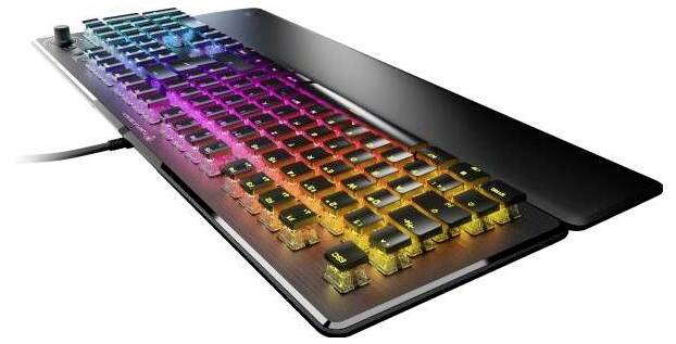 Computer-Tastatur mit mehrfarbiger RGB-Beleuchtung, flaches Profil und numerischem Tastenfeld, seitlich betrachtet.