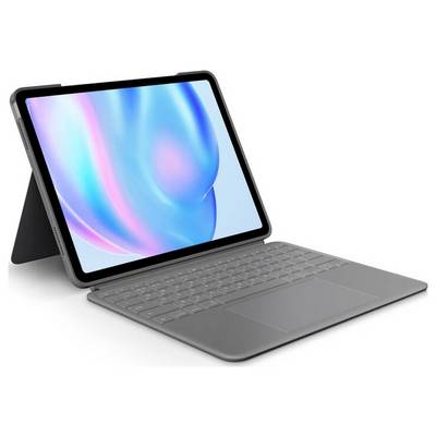 Ein Tablet mit einer Tastaturhülle, auf der ein farbenfrohes Bildschirmbild angezeigt wird. Perfekt zum Arbeiten und Surfen.