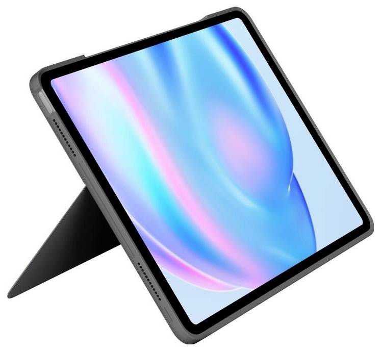 Ein Tablet in einer Silikonhülle mit Ständer wird seitlich dargestellt. Der Bildschirm zeigt abstrakte blaue und rosa Wellen.