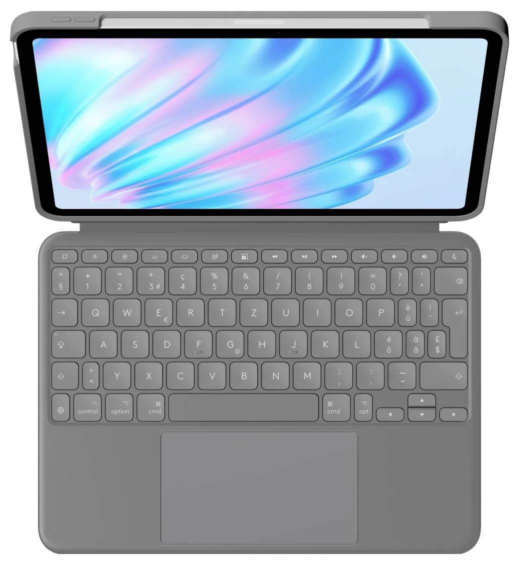 Ein Tablet mit abnehmbarer Tastatur, geöffnet auf einer flachen Oberfläche. Der Bildschirm zeigt bunte Wellenmuster in Blau und Rosa.