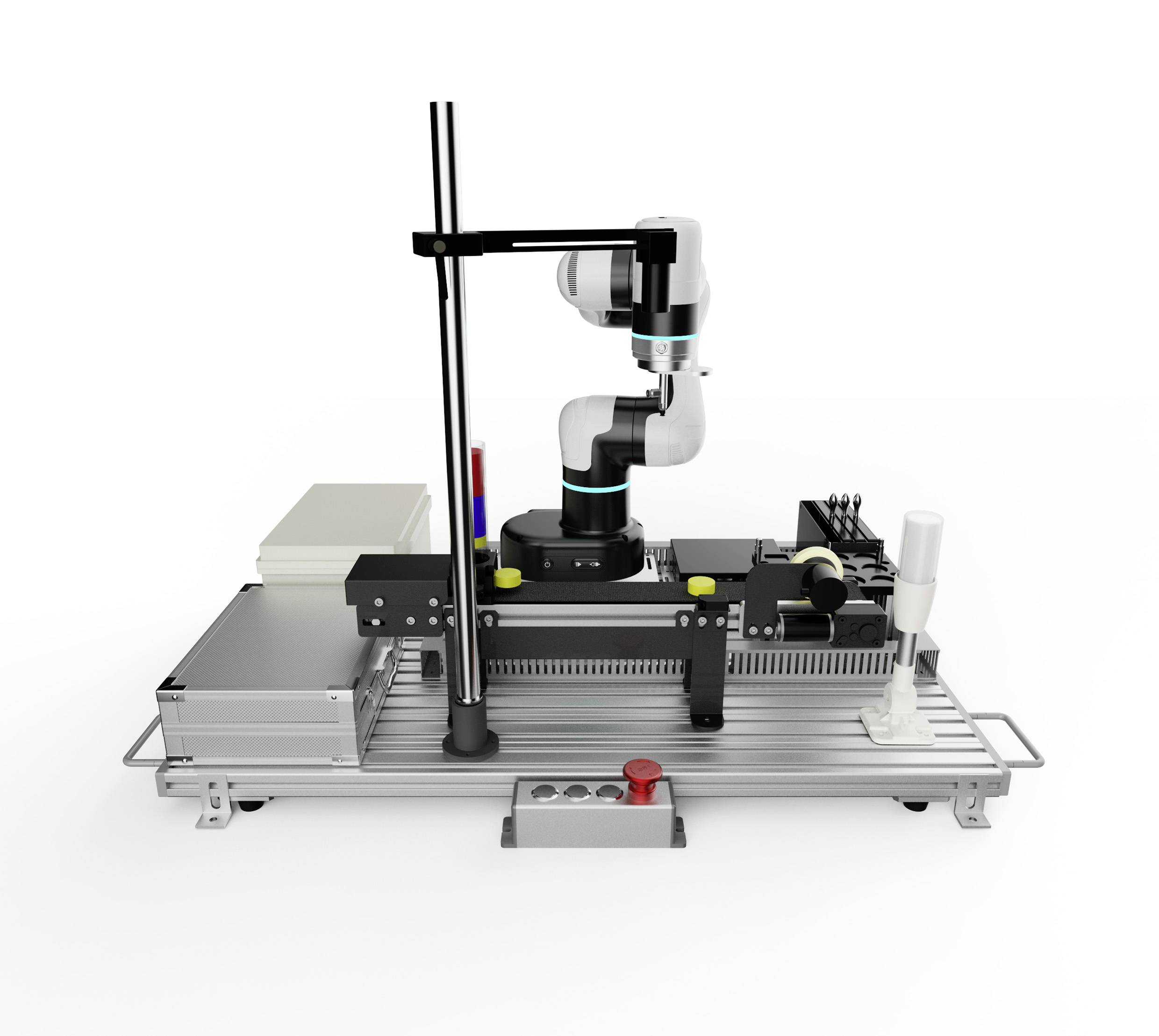 Ein Roboterarm auf einer Montageplattform ist für die Teilebestückung positioniert. Mehrere Komponenten und Werkzeuge sind auf der Plattform angeordnet.