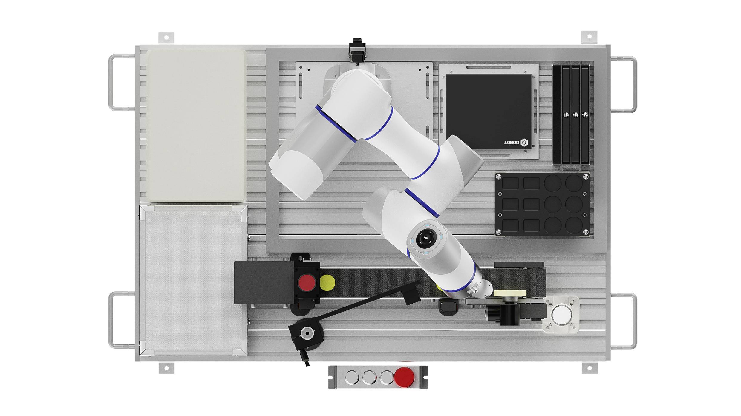Draufsicht eines Roboterarms auf einer industriellen Plattform, umgeben von elektronischen Komponenten und Steuerpanels, positioniert für Aufgabenautomatisierung.
