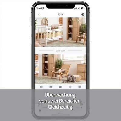 Zwei Überwachungskamerabilder auf einem Smartphonebildschirm. Oben ein Kinderbett, unten ein Wohnzimmerstuhl. Text: 'Überwachung von zwei Bereichen Gleichzeitig'.
