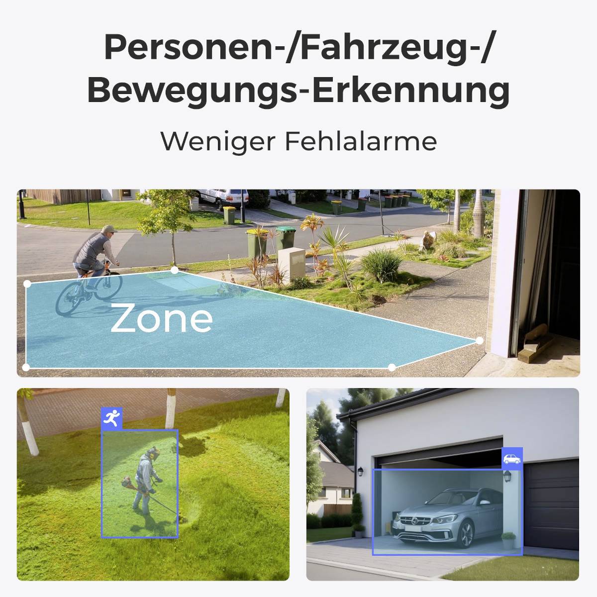 'Personen-/Fahrzeug-/Bewegungs-Erkennung' mit Bild von einem Fahrradfahrer, einer Person mit Golfschläger und einem Auto in erkannten Zonen. Weniger Fehlalarme.