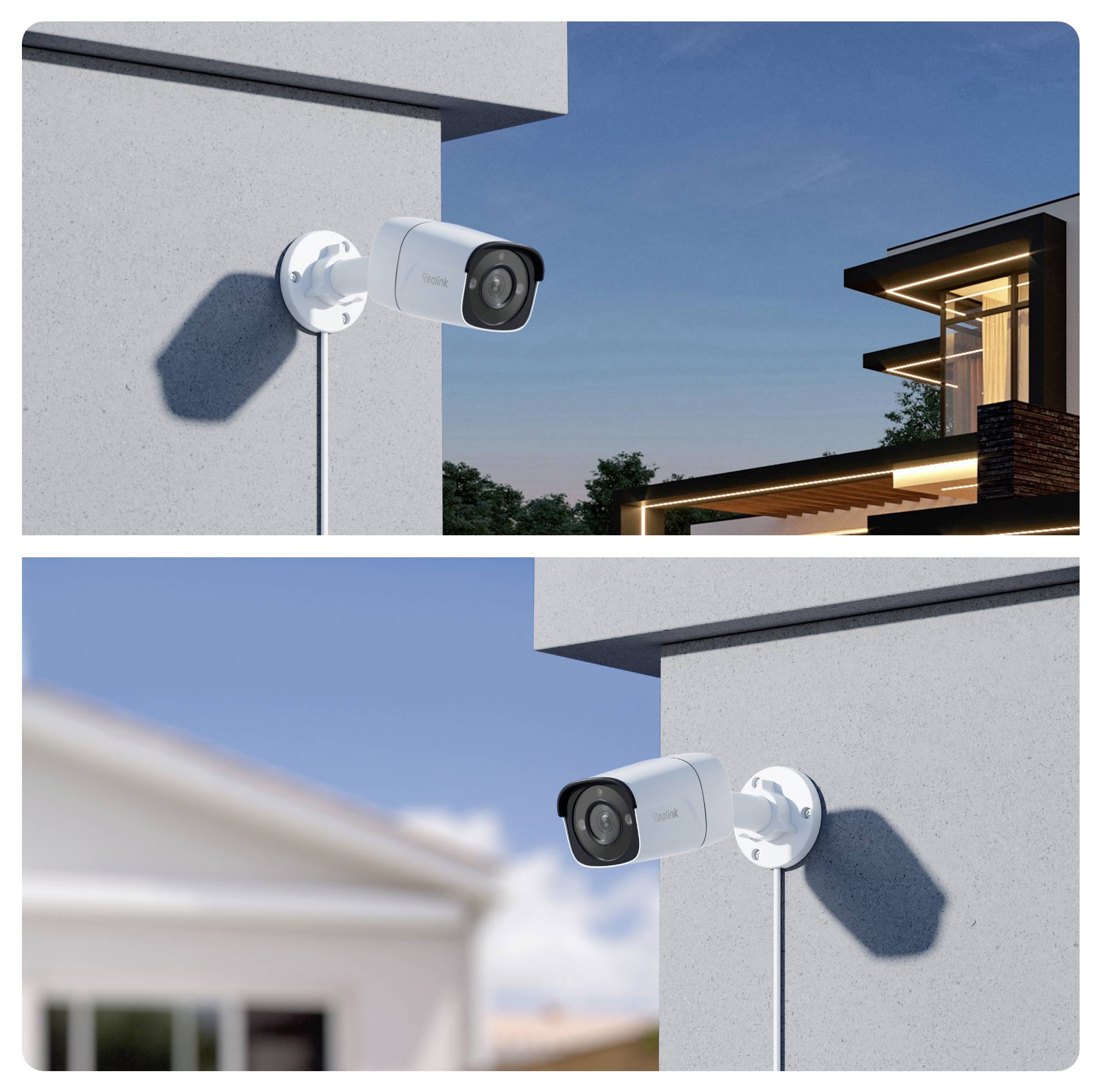 Zwei Überwachungskameras sind an Gebäudeaußenwänden montiert. Eine Draufsicht zeigt eine Kamera bei Einbruch der Dämmerung mit einem beleuchteten Haus im Hintergrund, während die untere Ansicht eine Szene bei Tag zeigt.
