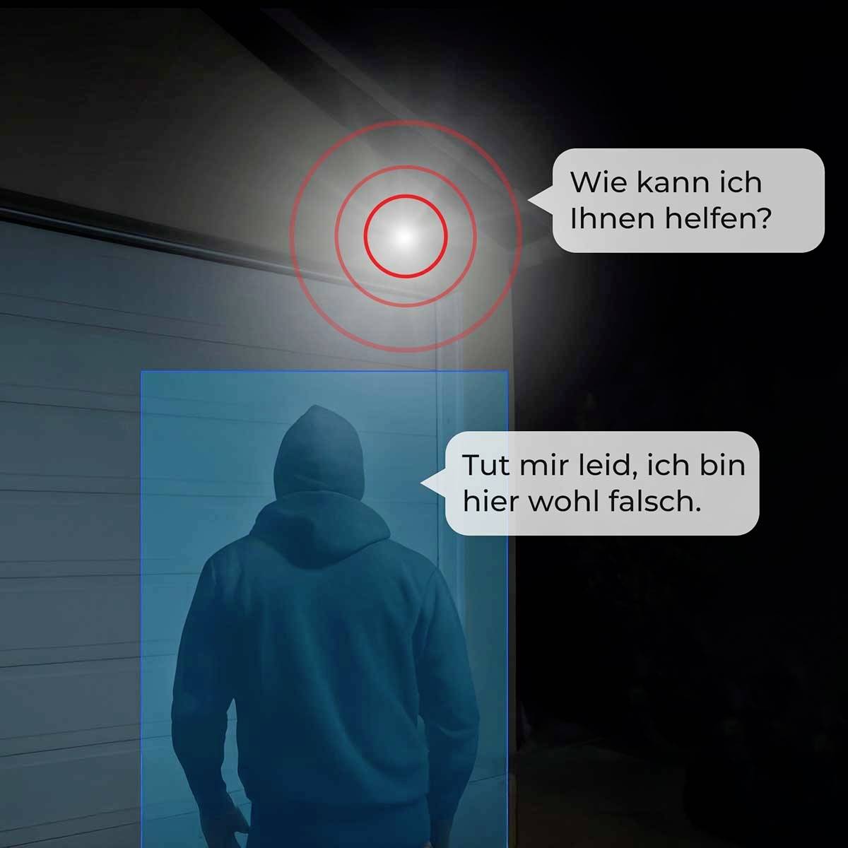 Ein Mann nähert sich einer Tür mit Bewegungsmelder. Eine Sprechblase sagt 'Wie kann ich Ihnen helfen?', eine weitere 'Tut mir leid, ich bin hier wohl falsch.'