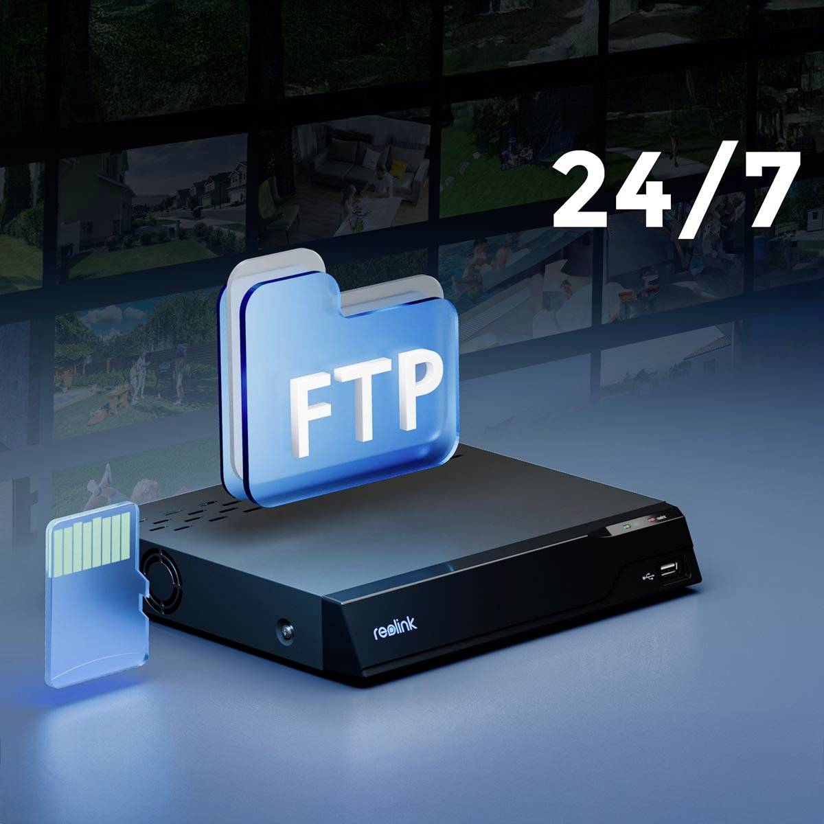 Ein Reolink-Überwachungsgerät mit FTP-Symbol und Speicherkarte, umgeben von mehreren Kameraüberwachungsansichten und der Beschriftung '24/7'.