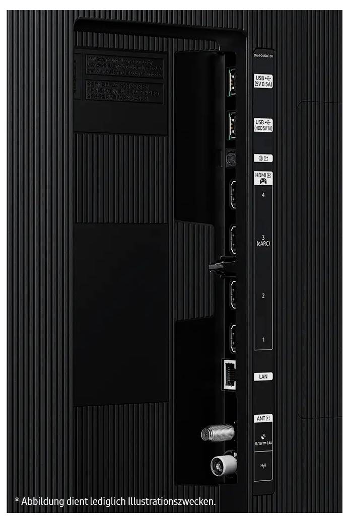 Das Bild zeigt die Seitenansicht einer TV-Rückwand mit mehreren Anschlüssen, darunter HDMI, USB und Ethernet.