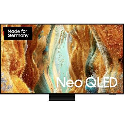 Ein Fernseher mit der Aufschrift 'Neo QLED'. Im Hintergrund ein abstraktes Bild mit orange-goldenen Mustern. Oben links steht 'Made for Germany'.