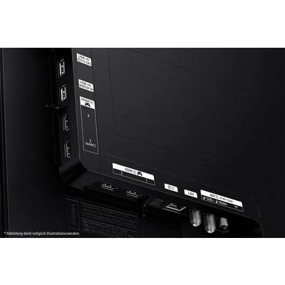Rückansicht eines Fernsehgeräts mit Anschlüssen wie HDMI, USB und LAN rechts. Erkennbar ist die Beschriftung der einzelnen Anschlüsse.