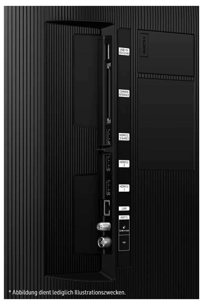 Rückseite eines Monitors zeigt verschiedene Anschlüsse: 3 HDMI-Ports, 2 USB-Ports, LAN-Anschluss, Antennenanschluss, beschriftet in Weiß.