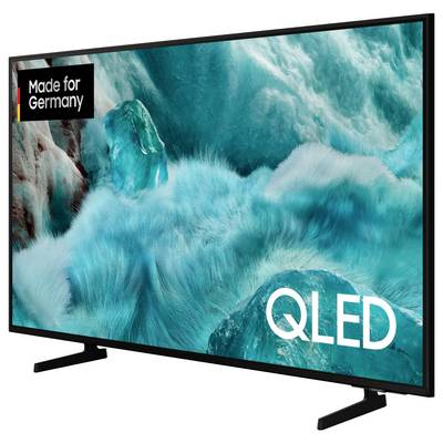 Ein schwarzer QLED-Fernseher mit einem blauen, eisartigen Hintergrund auf dem Display. In der Ecke 'Made for Germany' und 'QLED'.