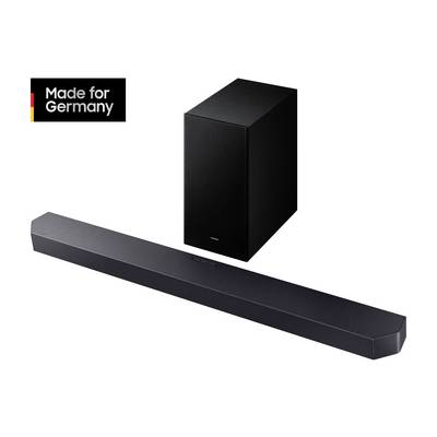 Soundbar und Subwoofer in Schwarz, mit dem Text 'Made for Germany'.