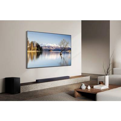Ein modernes Wohnzimmer mit einem großen Flachbildfernseher an der Wand. Darauf ist eine Landschaft mit einem See und schneebedeckten Bergen zu sehen.