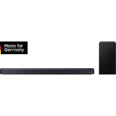 Soundbar mit Subwoofer, schwarzes Design; neben dem Logo 'Made for Germany'.