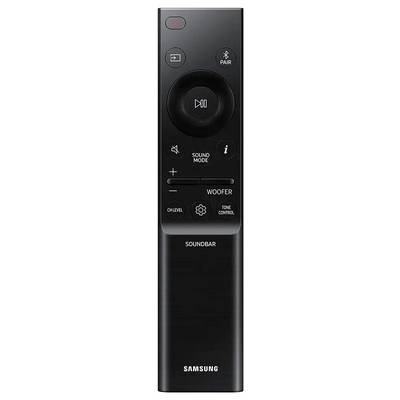 Schwarze Fernbedienung für eine Samsung Soundbar mit Tasten für Lautstärke, Tonmodus, Stummschaltung und Verbindungseinstellungen.