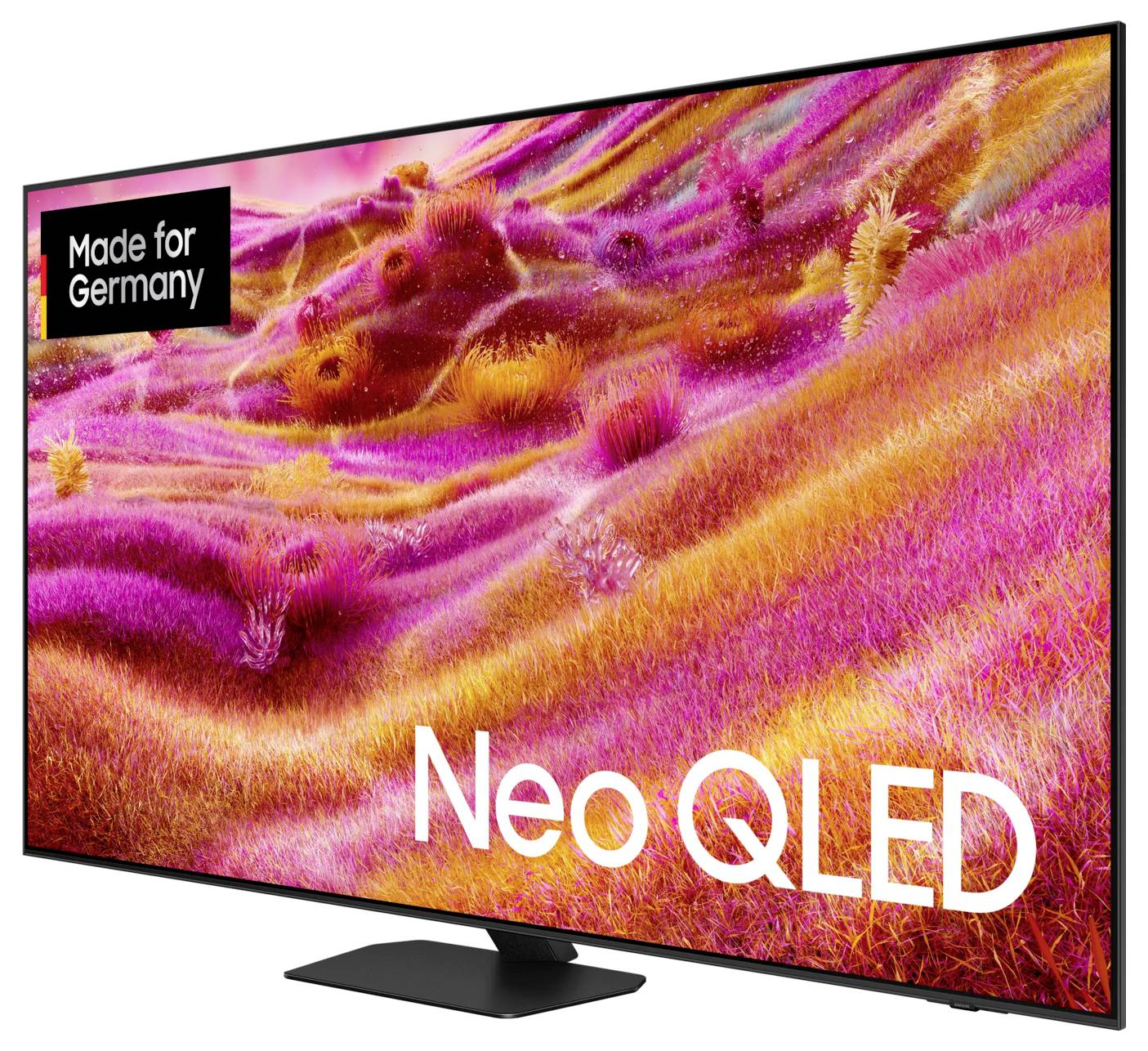 Ein Fernseher mit der Beschriftung 'Neo QLED', zeigt ein lebhaftes Bild von rosa und orangefarbenen Feldern.