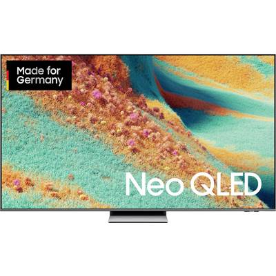 Ein Fernseherbildschirm zeigt farbenfrohe, abstrakte Landschaften mit Text 'Made for Germany' und 'Neo QLED' auf der Oberfläche.