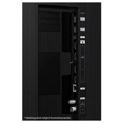 Rückseite eines Fernsehers mit verschiedenen Anschlüssen, darunter HDMI, USB, und Ethernet-Ports.