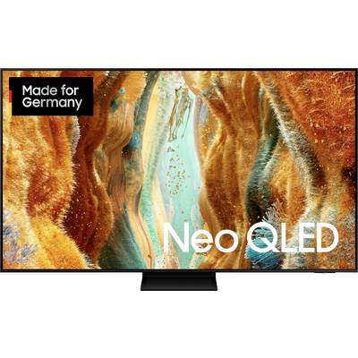 Ein Neo QLED-Fernseher mit einem farbenfrohen abstrakten Bild auf dem Bildschirm. Oben links das Logo 'Made for Germany'.