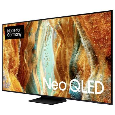 Ein großer Fernseher mit dem Text 'Made for Germany' in der Ecke und 'Neo QLED' auf dem Bildschirm, zeigt ein abstraktes Farbmotiv.