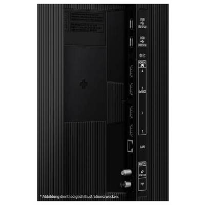Rückseite eines elektronischen Geräts mit verschiedenen Anschlüssen: USB, LAN und Koaxial. Beschriftungen zur Orientierung vorhanden.