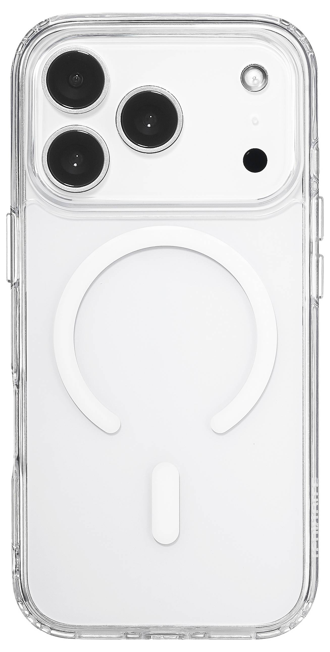 Ein Smartphone mit einer transparenten Hülle, die MagSafe-Technologie und drei Rückkameras aufweist.