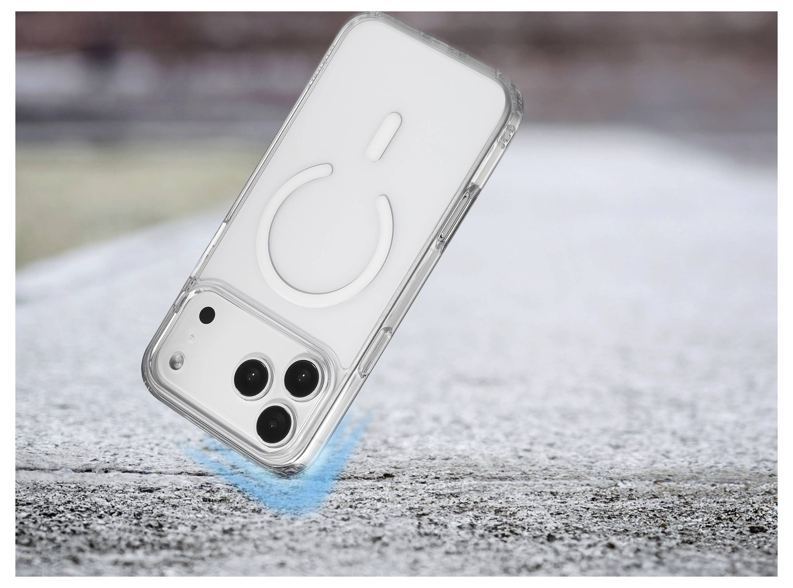 Eine Handyhülle mit kreisförmigem Design fällt auf eine Betonoberfläche und demonstriert dabei ihre Haltbarkeit und Schutzfunktionen.