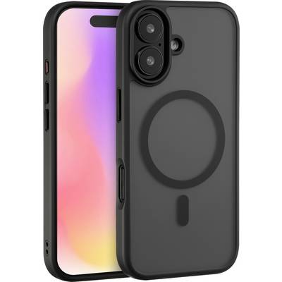 Ein Smartphone mit Dual-Kamera-Setup in einem schwarzen Gehäuse steht neben einem zweiten Telefon, das einen leuchtend rosa und gelben Bildschirm zeigt.