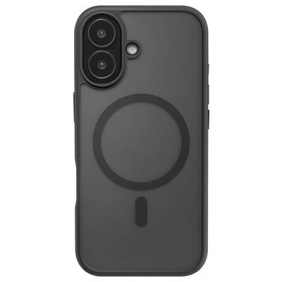 Eine schwarze Smartphone-Hülle mit einer Kameraausschnitt und einem kreisförmigen MagSafe-Design auf der Rückseite, was auf Kompatibilität mit drahtlosem Laden hinweist.