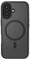 Eine schwarze Smartphone-Hülle mit einer Kameraausschnitt und einem kreisförmigen MagSafe-Design auf der Rückseite, was auf Kompatibilität mit drahtlosem Laden hinweist.