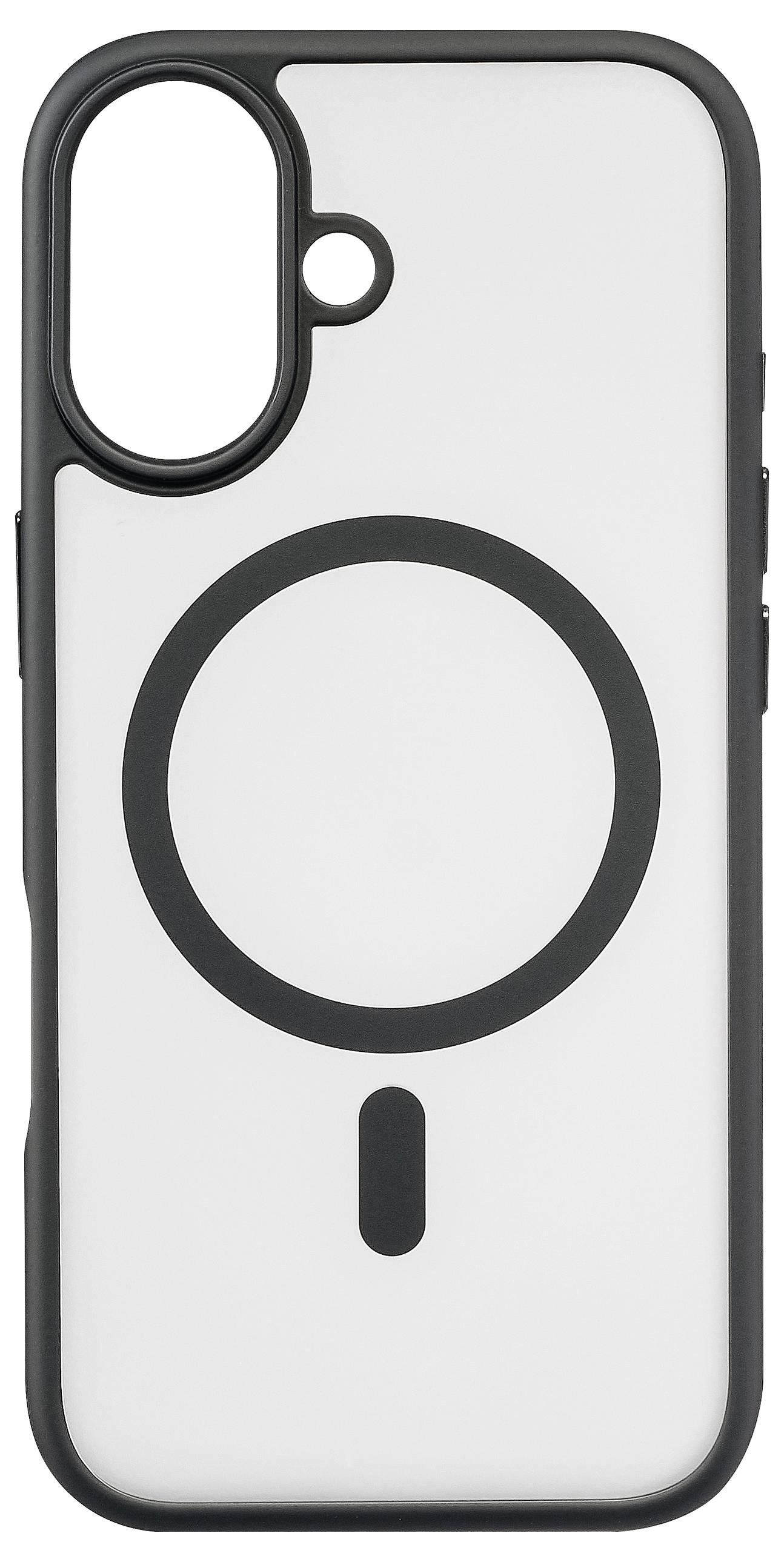 Eine schwarze Handyhülle mit einem großen Kreis und einem kleinen Rechteck darunter, konzipiert für ein Smartphone mit Dual-Kamera.