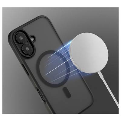 Ein Smartphone mit einer schwarzen Hülle zieht ein kreisförmiges magnetisches Ladegerät an und zeigt Wireless-Charging-Fähigkeit mit blauen Energielinien.
