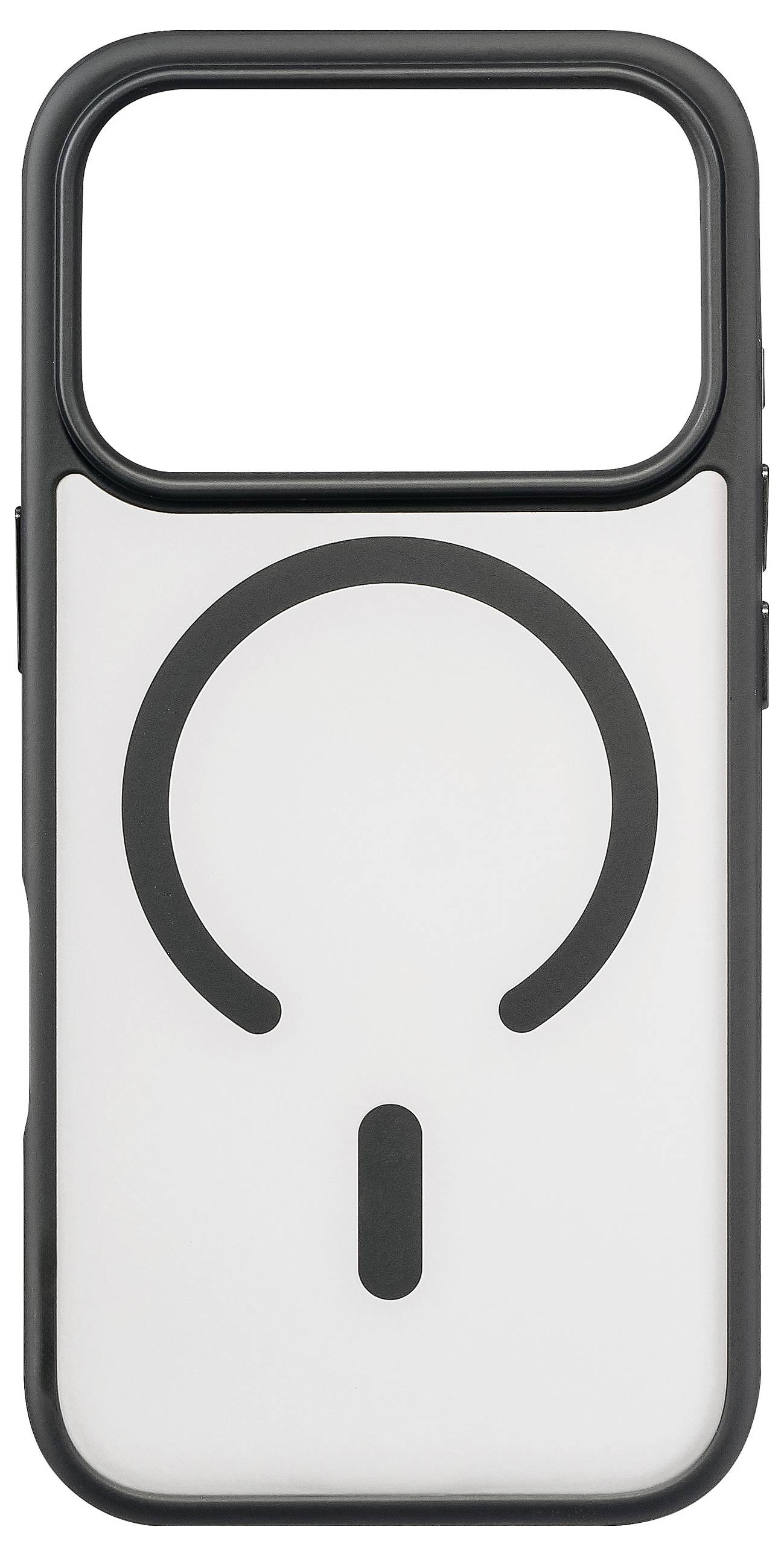 Eine Handyhülle mit offener Oberseite, schwarzem Rand und einem kreisförmigen Symbol auf der Rückseite, das einem Power-Symbol ähnelt.
