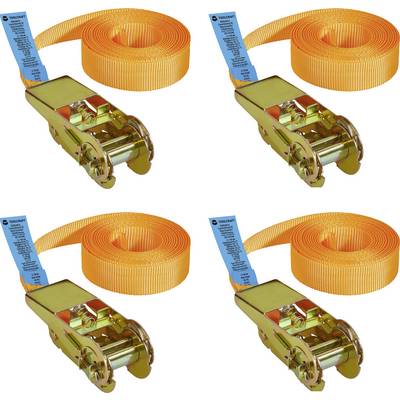 Vier orangefarbene Spanngurte sind aufgerollt und mit ihren metallischen Ratschenverschlüssen dargestellt. Jeder Gurt hat ein blaues Etikett.