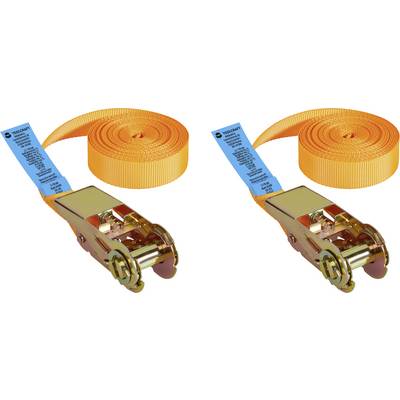 Zwei orangefarbene Spanngurte mit Metallschnallen und blauen Etiketten, ordentlich aufgerollt, wahrscheinlich zum Befestigen von Ladung verwendet.